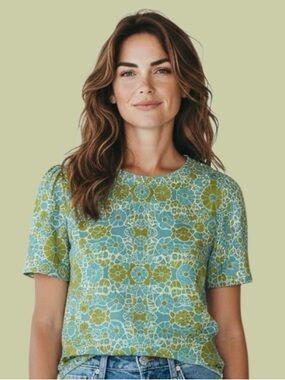 Lingua Franca LIFE IS A BANQUET Green Blue Floral Linen Blend Top Large MSRP$270